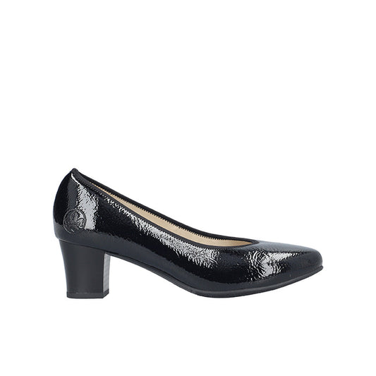 Black patent leather low-heel work pump with almond toe and slip-on design