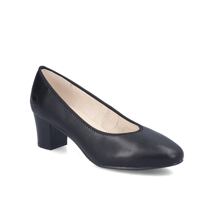Black leather low-heel pump with almond toe and beige insole