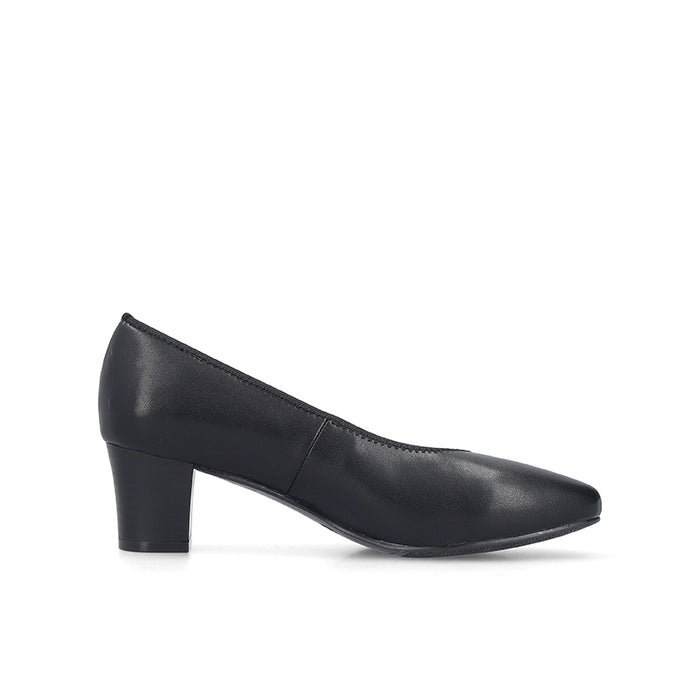 Black leather low-heel pump side profile with block heel