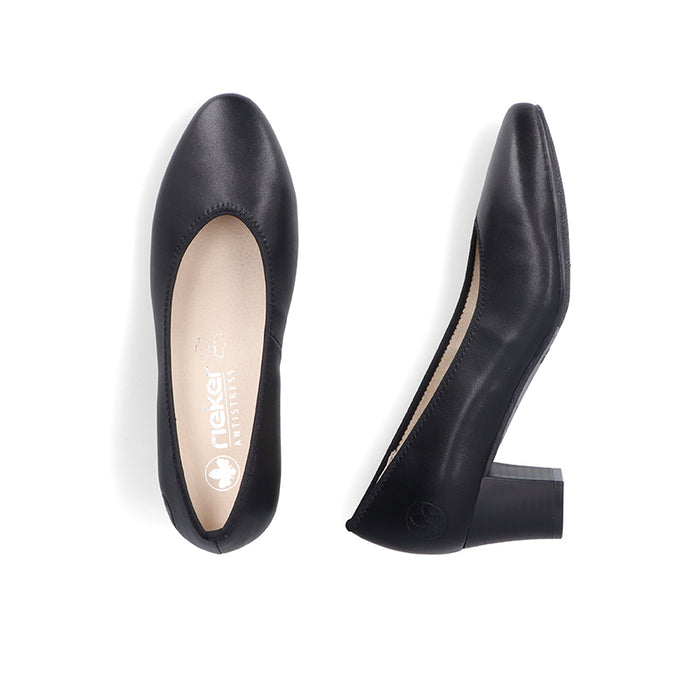 Pair of black leather low-heel pumps with beige insoles and rounded toe