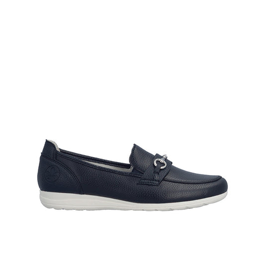 Women's leather loafer slip-on shoes, dark blue, metal bit detail and cushioned sole
