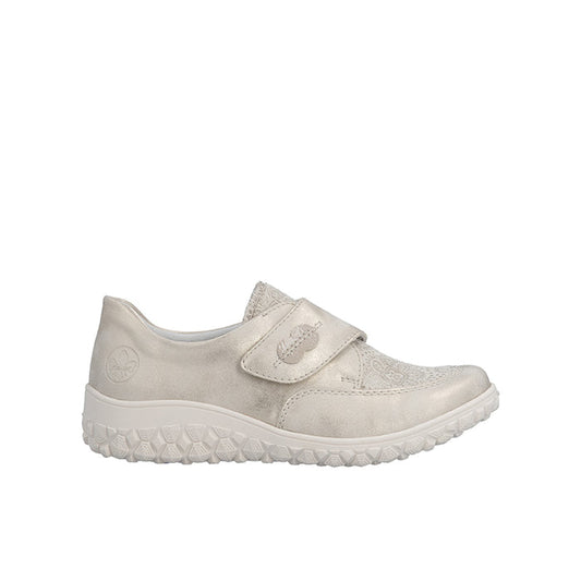 Beige women's slip-on loafers with hook-and-loop strap and cushioned white sole