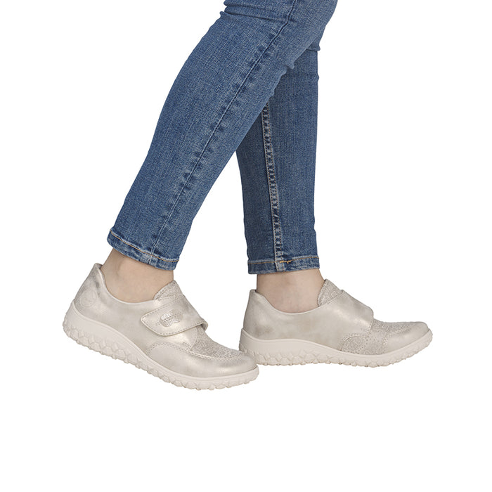 Beige women's wide slip-on loafers with hook-and-loop strap, textured upper, white sole