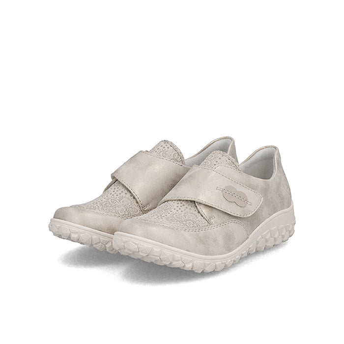 Beige women's loafers with two hook-and-loop straps and textured upper