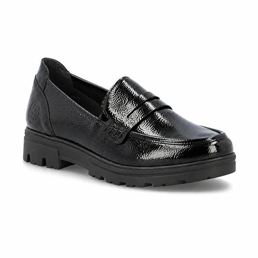 Rieker women's black patent loafers with extra wide H fit and lightweight PU sole, main product view