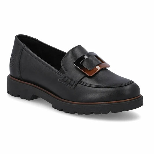 Rieker women's black loafers with decorative buckle detail and lightweight TR sole, main product view