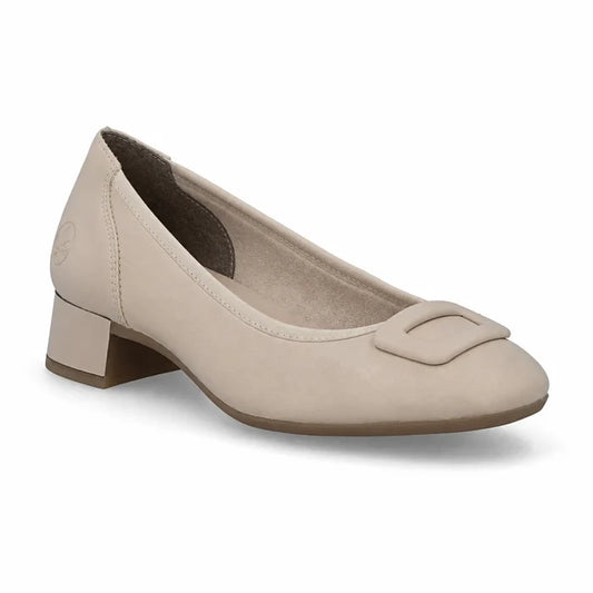 Beige women's leather pumps with square toe and buckle detail, block heel