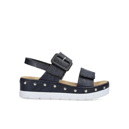 Navy hook-and-loop platform sandals with studded straps and light outsole