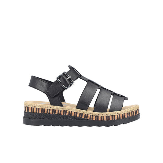 Black women's platform sandals with two front straps and adjustable buckle
