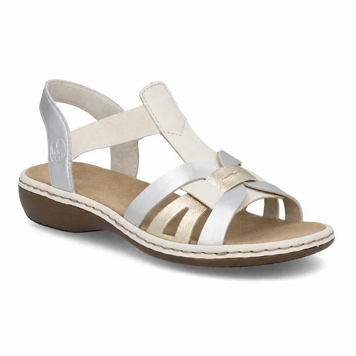 Metallic silver slide-on sandals, two straps, low cushioned sole