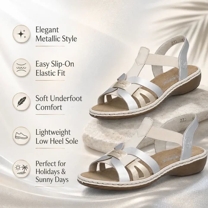 Metallic silver slip-on sandals with elastic fit and low heel sole