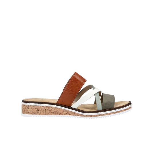 Women's slide sandals with hook-and-loop straps, terracotta and light blue straps, cork sole