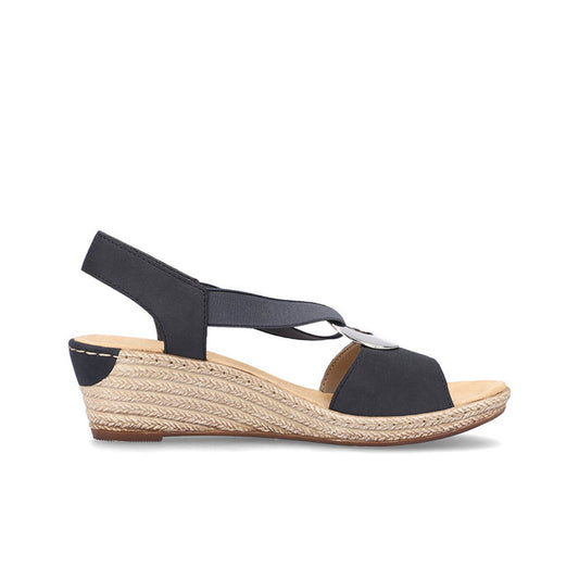 Navy wedge sandals with slingback strap and metal buckle, textured espadrille sole