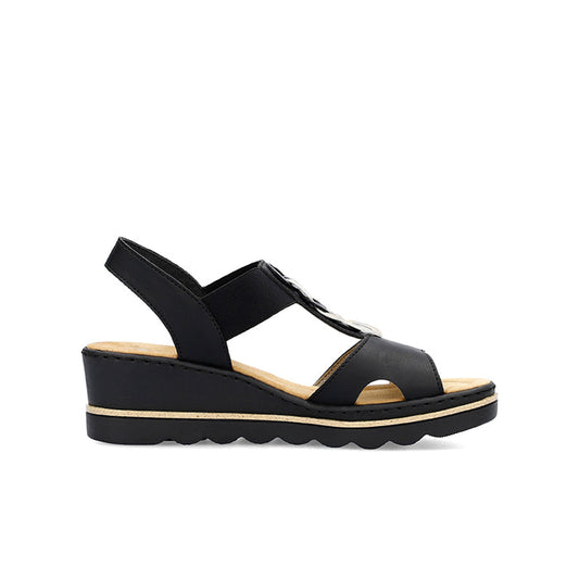 Women's black wedge sandal with two straps and open toe