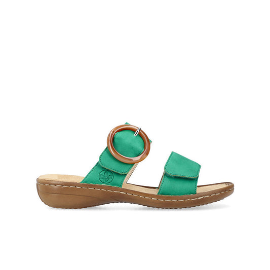 Green slip-on sandals with two straps and round buckle ring, tan outsole