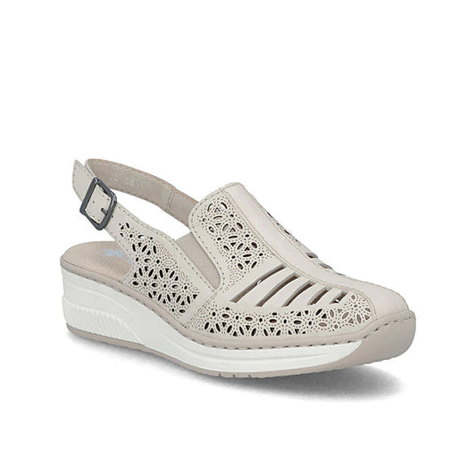 Light beige women's comfort sandals with perforated straps and adjustable buckle