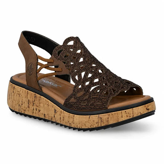 Rieker wedge sandals in dark brown mesh with slingback and cork-look platform