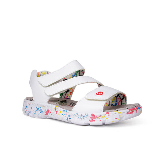 White women's sandals with two hook-and-loop straps and cushioned patterned sole