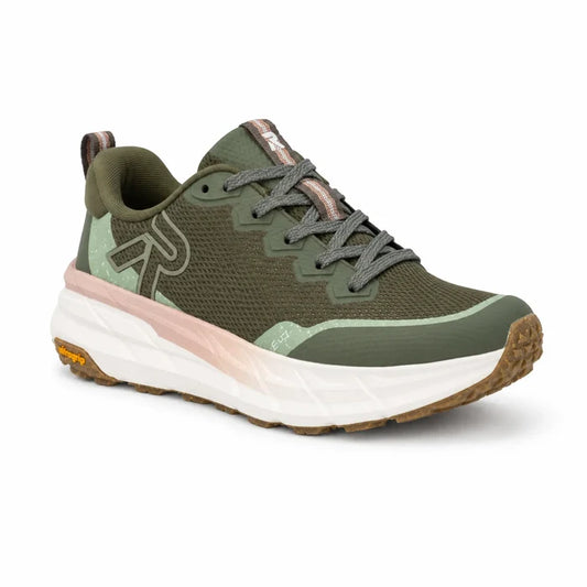 Olive green waterproof lace-up running trainers with padded collar and grippy sole