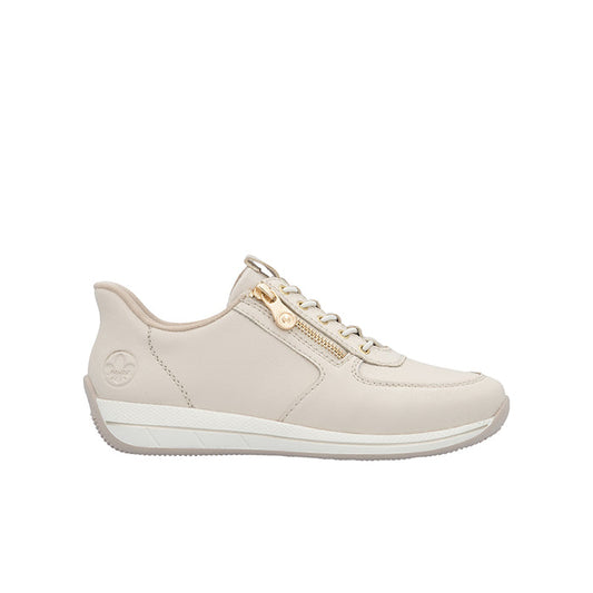 Beige lace-up sneaker with side zipper and cushioned low sole
