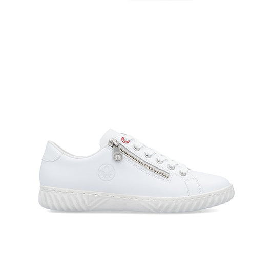 White low-top sneakers with lace-up and side zipper detail
