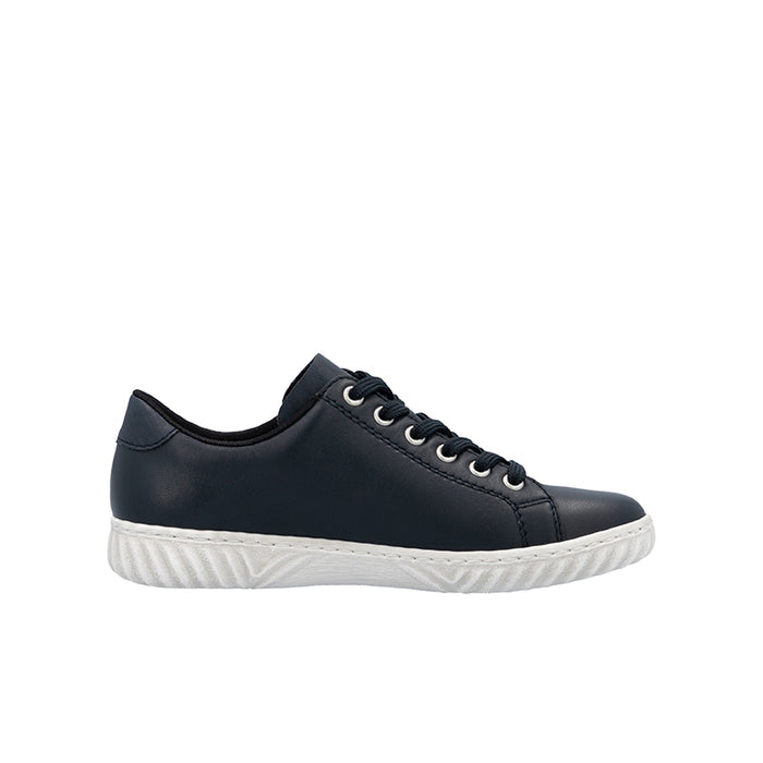 Dark navy low-top sneakers with lace-up and side zipper detail