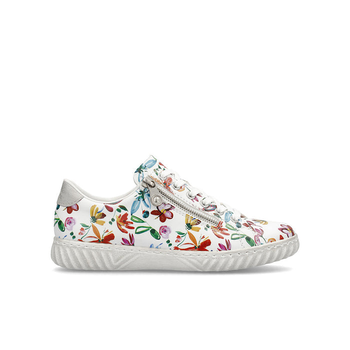 White low-top sneakers with multicolor floral print and side zipper detail