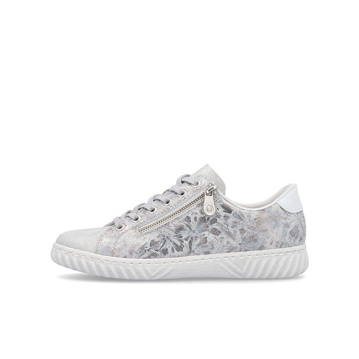 Light gray marbled low-top sneakers with lace-up and side zipper detail