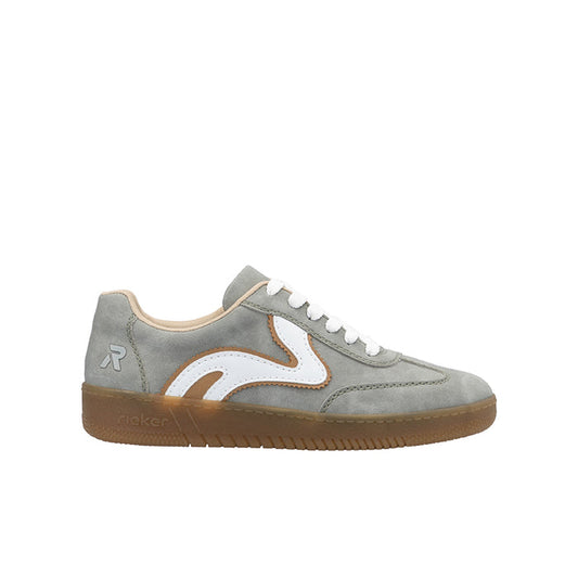 Grey lace-up casual sneaker with white panels and tan rubber sole, Rieker branding