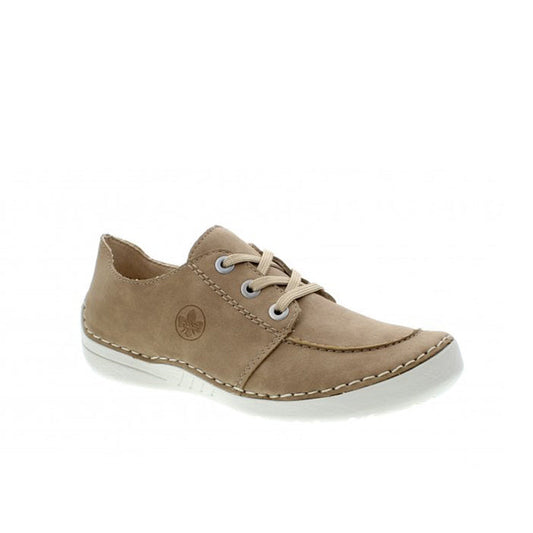 Low-top lace-up sneaker, light brown suede upper, white rubber sole