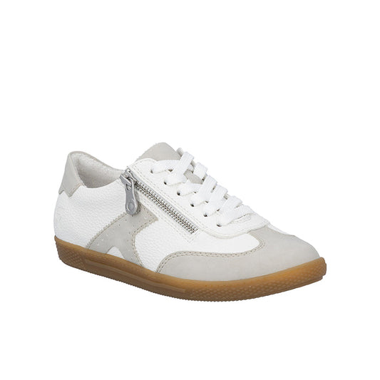 White low-top sneaker with lace-up and side zip, gum rubber sole