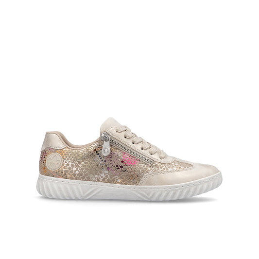 Metallic beige women's sneaker, lace-up with side zip, patterned upper, white sole