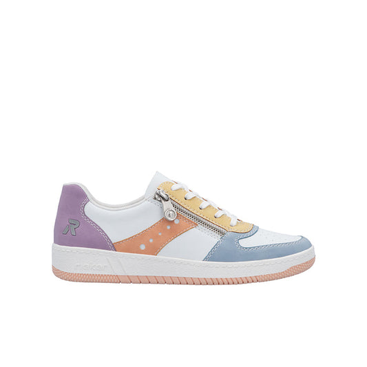 Womens multicolor fashion sneaker with side zip, lace-up, white rubber sole