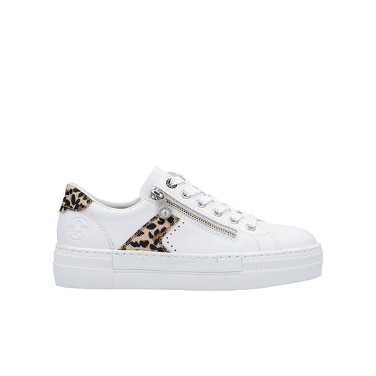 White low-top women's sneaker with leopard panel and front zip detail