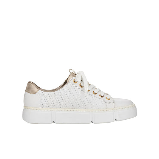 White low-top sneaker with gold lace eyelets, textured panels, and cushioned sole