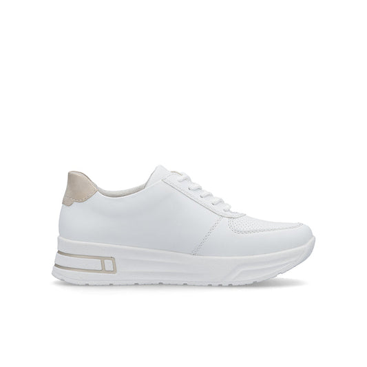 White women's sneaker with lace-up and gold zip detail, cushioned platform sole