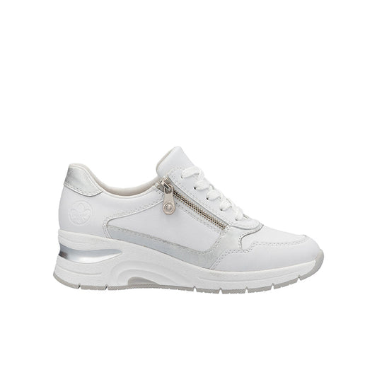 Rieker women's white sneaker with side zipper and lace-up front, cushioned sole