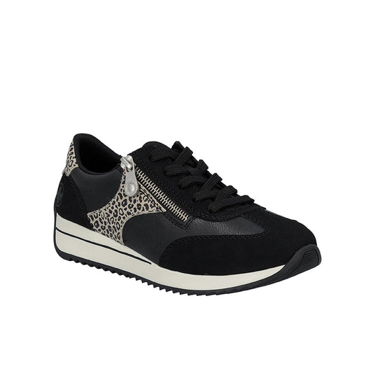 Black lace-up low-top sneaker with leopard print panel and zip detail