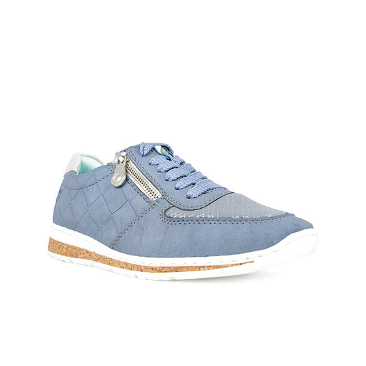 Blue casual sneakers with side zip detail, lace-up upper, cushioned white sole