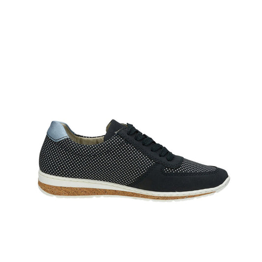 Navy speckled lace-up sneakers with black laces and tan rubber sole