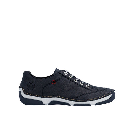 Blue lace-up low-top sneakers with cushioned collar and white outsole