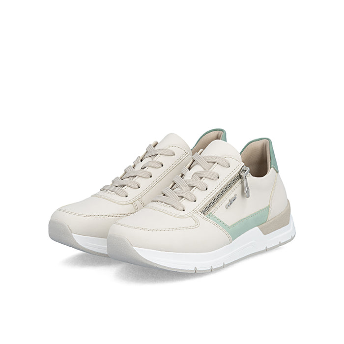 Cream and mint lace-up sneakers with padded collar and low-profile sole