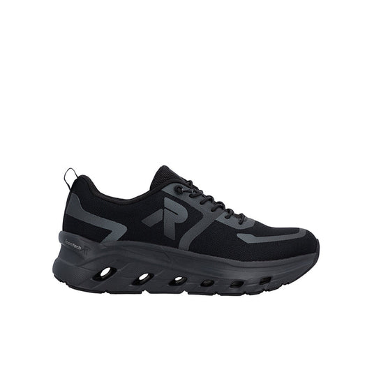 Women’s black lace-up sneakers with cushioned sole and sporty side panels