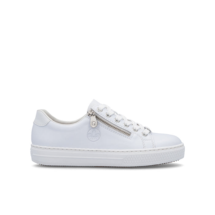 White leather sneaker with lace-up and side zip, low-profile sole