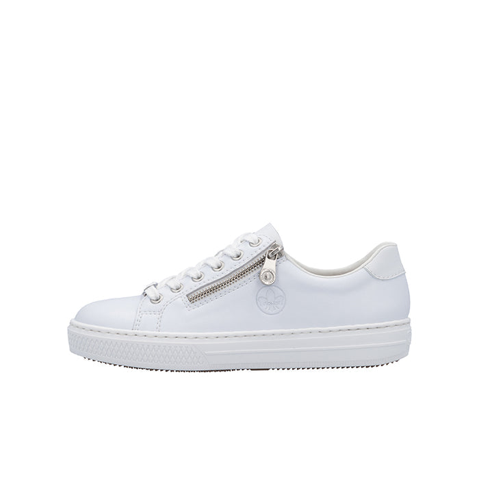 White leather lace-up sneaker with side zip detail and textured sole
