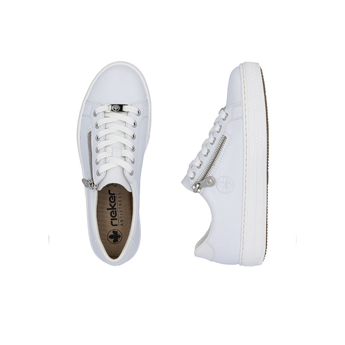 White leather sneakers, front lace-up and side view with Rieker logo in insole