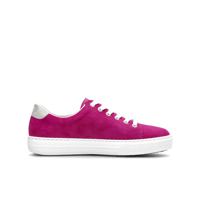 Magenta suede sneaker with lace-up, side zip detail and white rubber sole
