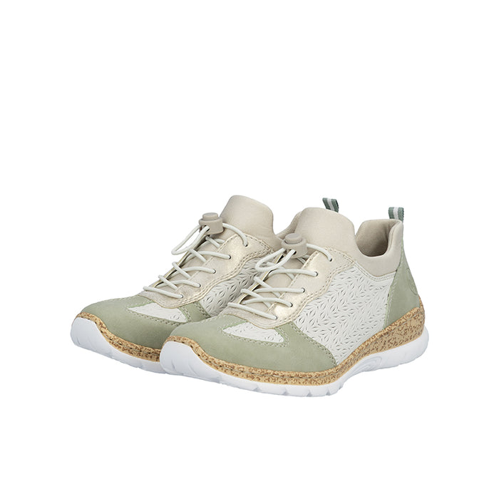 Pair of lace-up sneakers with olive suede panels and textured off-white upper