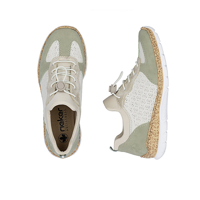 Sneaker pair with olive suede side panels, off-white lace-up knit, and tread sole