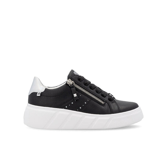 Black low-top sneakers with front zip and lace-up detailing, white tread sole